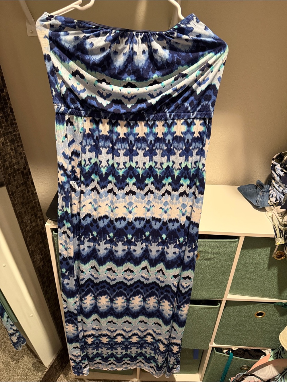 Three Hearts Strapless Blue & White Patterned Maxi Dress